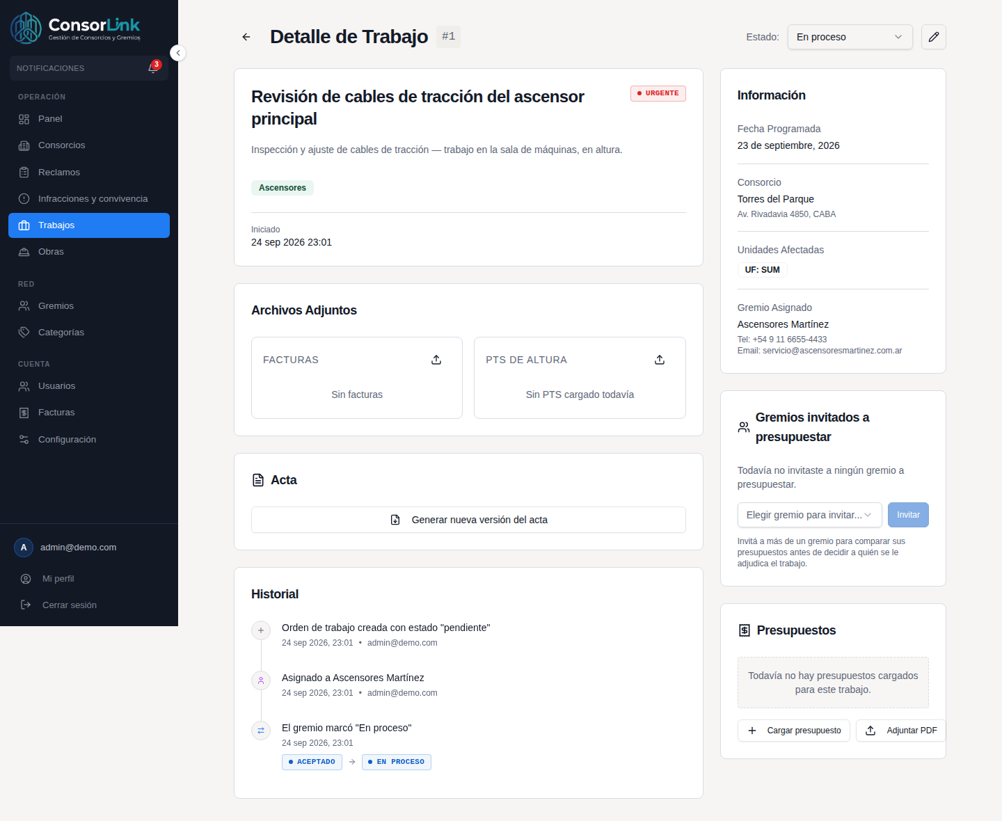 Trabajo en altura en ConsorLink con documentación de cumplimiento legal del gremio