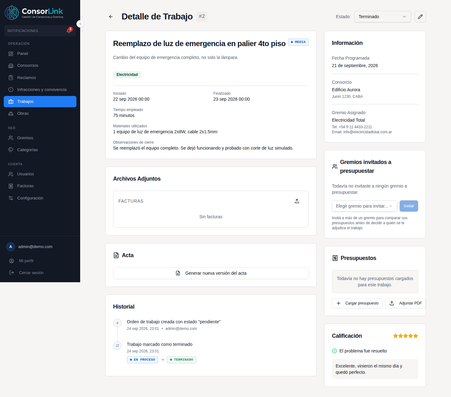 Detalle de un trabajo terminado en ConsorLink, con historial, acta y calificación del vecino